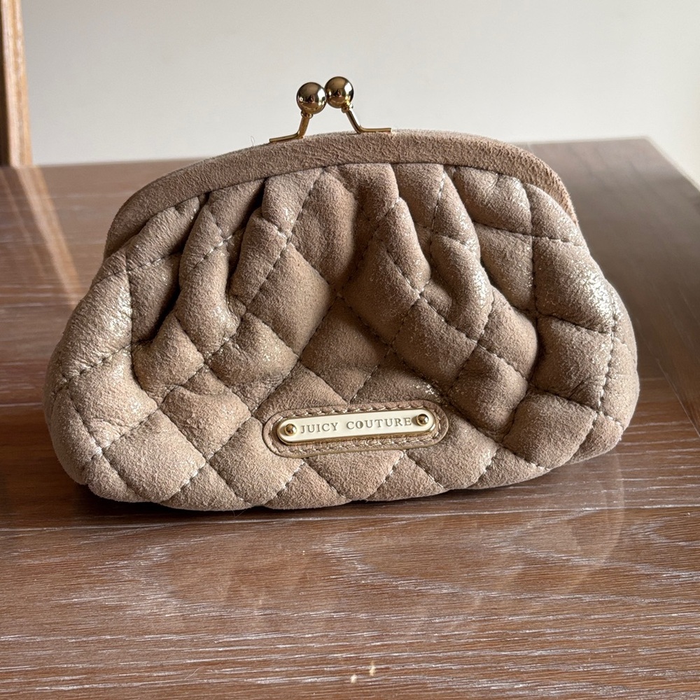 Juicy Couture Quilted Tan Suede Kiss-Lock Coin Pouch
